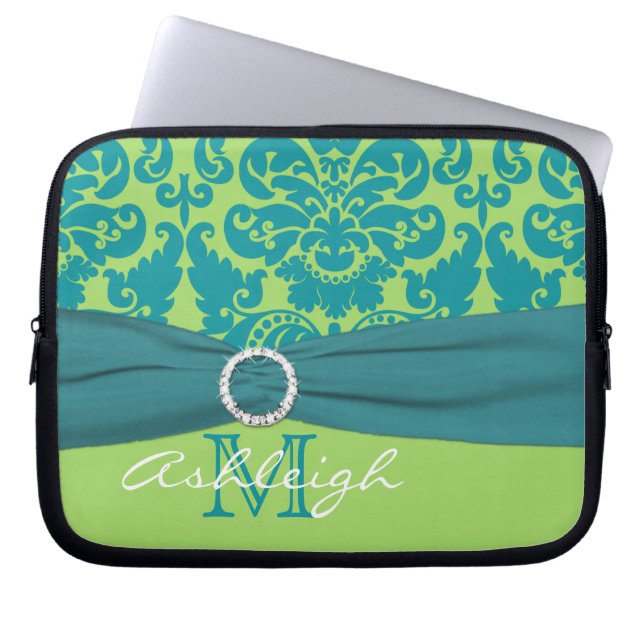 Turquoise Limoen Damask FAUX Ribbon-laptophoes Laptop Sleeve (Voorkant)