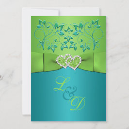 Turquoise, Limoen Floral Joined Hearts Invitation Kaart