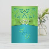 Turquoise, Limoen Floral Joined Hearts Invitation Kaart (Staand voorkant)