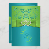 Turquoise, Limoen Floral Joined Hearts Invitation  Kaart (Voorkant / Achterkant)