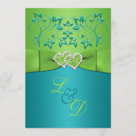 Turquoise, Limoen Floral Joined Hearts Invitation Kaart