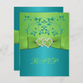 Turquoise, Limoen Floral Joined Hearts RSVP Card (Voorkant / Achterkant)