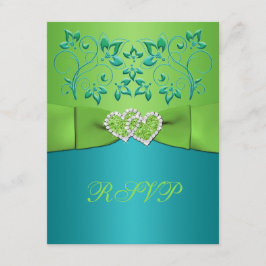 Turquoise, Limoen Floral Joined Hearts RSVP Card
