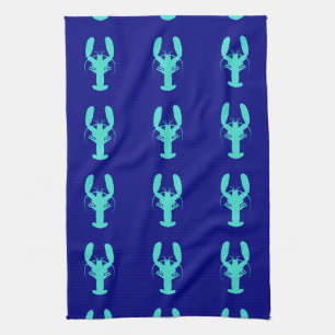 Turquoise Lobster on Navy Blue Coastal Decor Theedoek