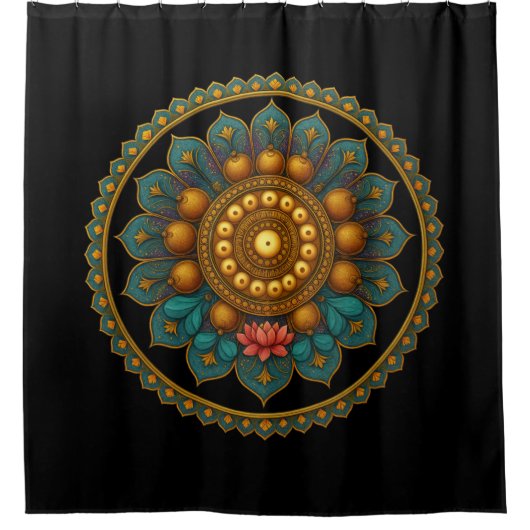 Turquoise Lotus Mandala Art | Black Boho Graphic Douchegordijn (Voorkant)