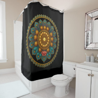 Turquoise Lotus Mandala - Black Boho Graphic Art Douchegordijn