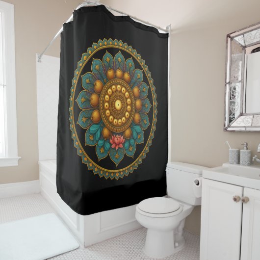 Turquoise Lotus Mandala - Black Boho Graphic Art Douchegordijn (In situ)