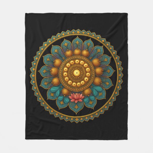 Turquoise Lotus Mandala - Black Boho Graphic Art Fleece Deken (Voorkant)