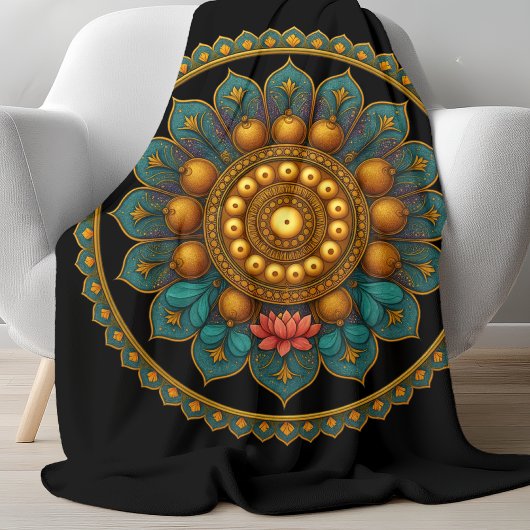 Turquoise Lotus Mandala - Black Boho Graphic Art Fleece Deken