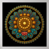 Turquoise Lotus Mandala - Black Boho Graphic Art Poster (Voorkant)