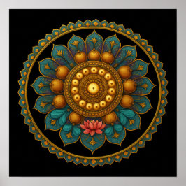 Turquoise Lotus Mandala - Black Boho Graphic Art Poster