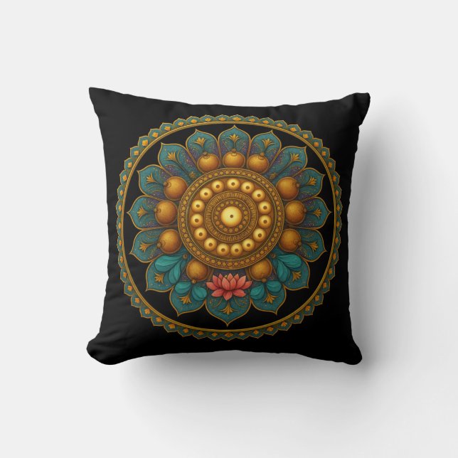 Turquoise Lotus Mandala - Reversible Black Boho Kussen (Voorkant)