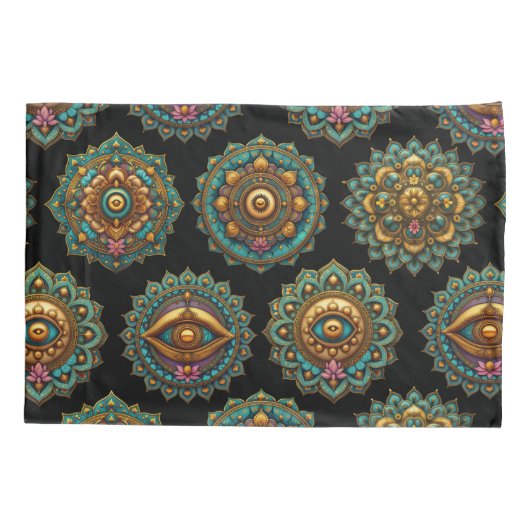 Turquoise Lotus Mandala - Reversible Black Boho Kussensloop (Achterkant)