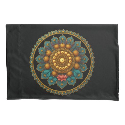Turquoise Lotus Mandala - Reversible Black Boho Kussensloop (Voorkant)