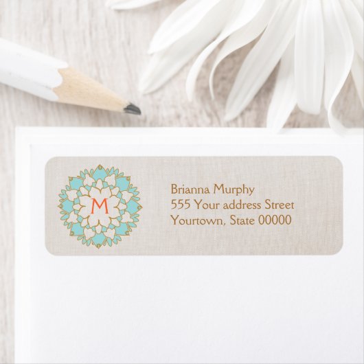 Turquoise Lotus Monogrammed Return Address Labels (Insitu)