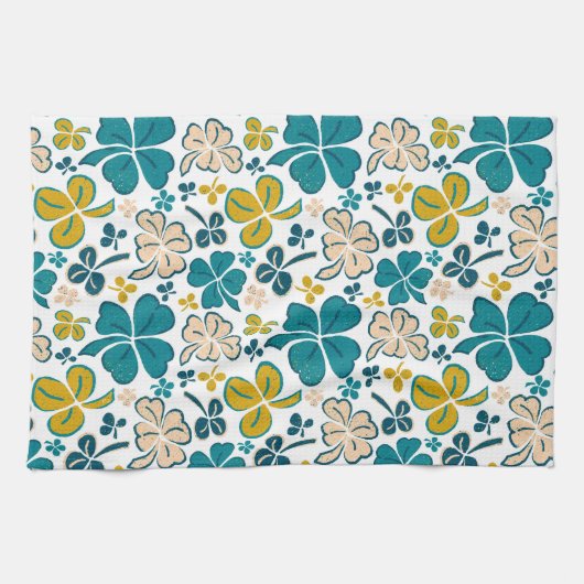 Turquoise Lucky 4 Leaves Shamrocks Clover Pattern Theedoek (Horizontaal)