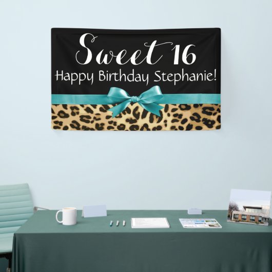 Turquoise Luipaard Print Sweet 16 Verjaardagsfeest Spandoek (Beurs)