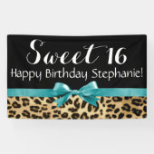 Turquoise Luipaard Print Sweet 16 Verjaardagsfeest Spandoek (Horizontaal)