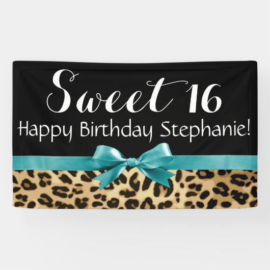 Turquoise Luipaard Print Sweet 16 Verjaardagsfeest Spandoek (Horizontaal)