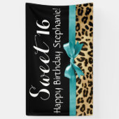 Turquoise Luipaard Print Sweet 16 Verjaardagsfeest Spandoek (Verticaal)
