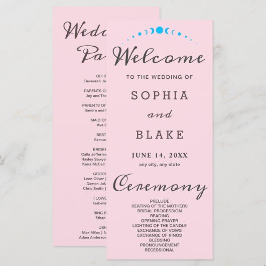 Turquoise maan fasen zacht roze bruiloft programma (Voorkant / Achterkant)