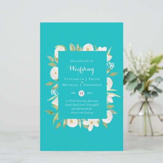 Turquoise Magnolia Floral Budget Wedding Invite A9 (Staand voorkant)