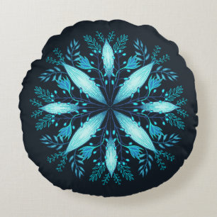 Turquoise Mandala - Blauwe Winter Sneeuwvlok Bloem Rond Kussen