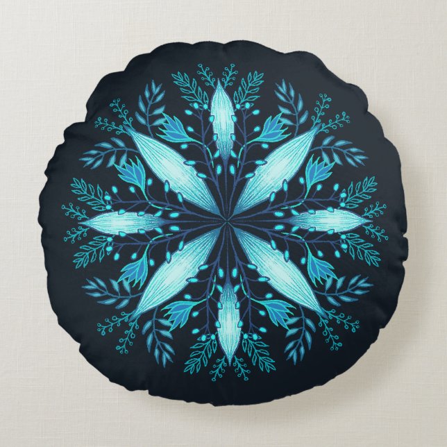 Turquoise Mandala - Blauwe Winter Sneeuwvlok Bloem Rond Kussen (Voorkant)