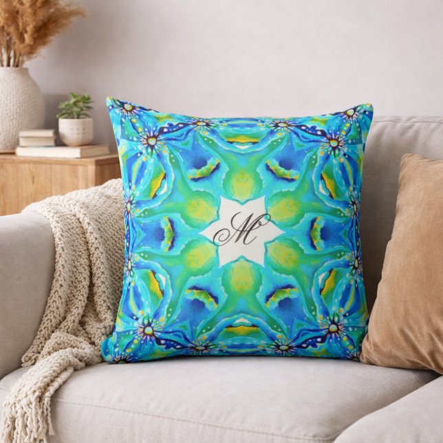 Turquoise Mandala Monogram Patroon Blauw Groen Kun Kussen (Creator heeft geüpload)