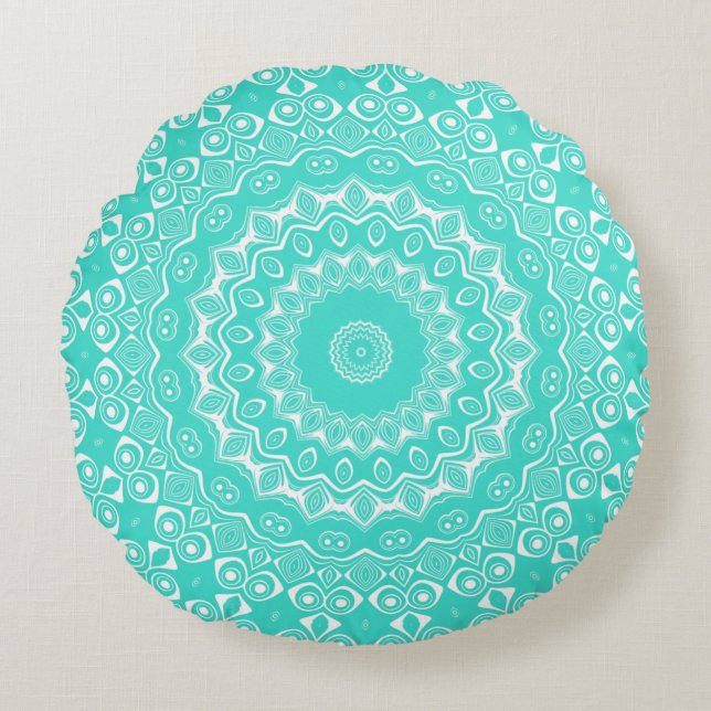 Turquoise Mandala Patroon Rond Kussen (Voorkant)
