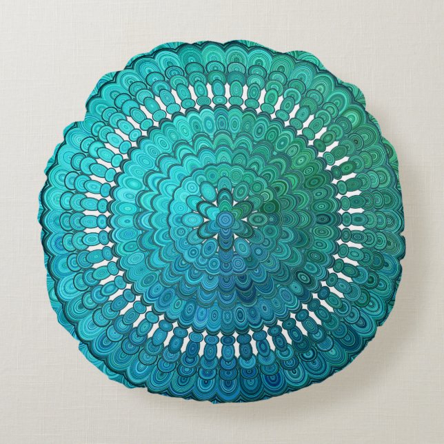 Turquoise Mandala Rond Kussen (Voorkant)