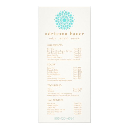 Turquoise Mandala Spa Salon Price List Menu (Voorkant)