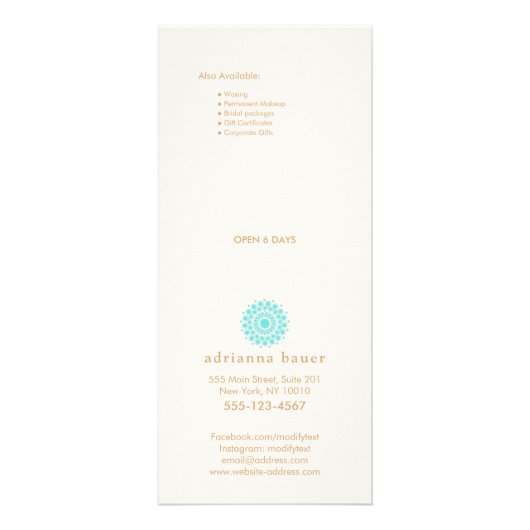 Turquoise Mandala Spa Salon Price List Menu (Achterkant)