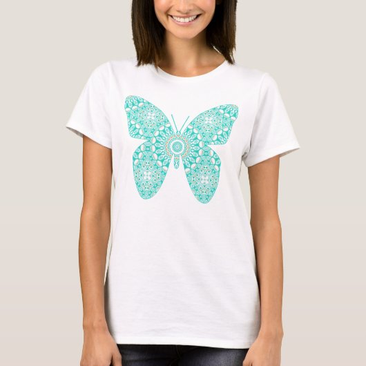 Turquoise Mandala Vlinder Ontwerp T-shirt (Voorkant)
