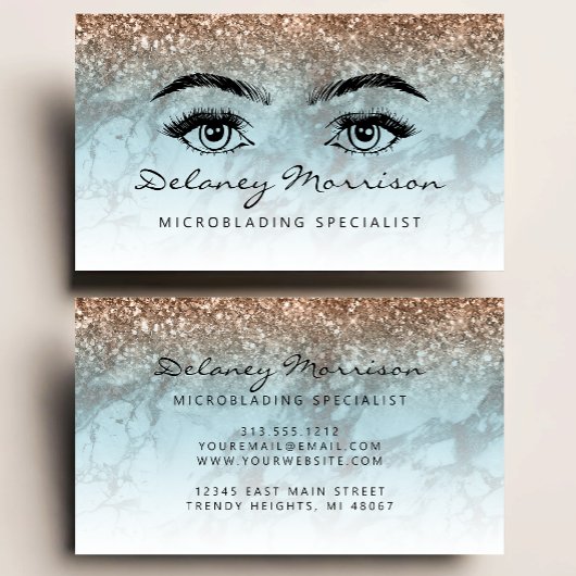 Turquoise Marble Bronze Glitter Eyes Microblading Visitekaartje