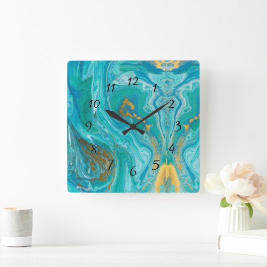 Turquoise Marble Gold Abstract Vierkante Klok (Huis)