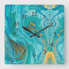 Turquoise Marble Gold Abstract Vierkante Klok