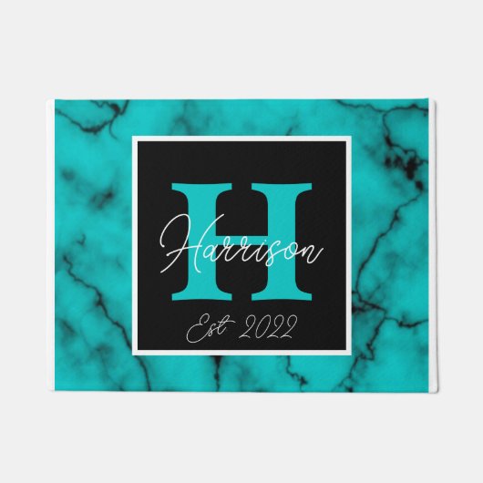 Turquoise Marble Sophisticated monogram name year Deurmat (Voorkant)