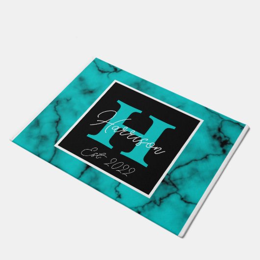 Turquoise Marble Sophisticated monogram name year Deurmat (Schuin)