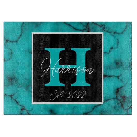 Turquoise Marble Sophisticated monogram name year Snijplank (Voorkant)