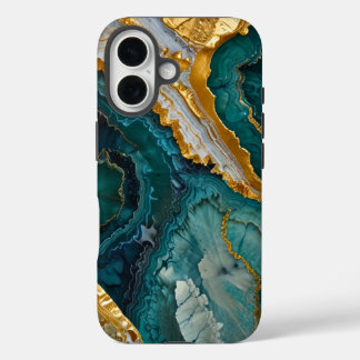 Turquoise marbling with gold iPhone 16 hoesje