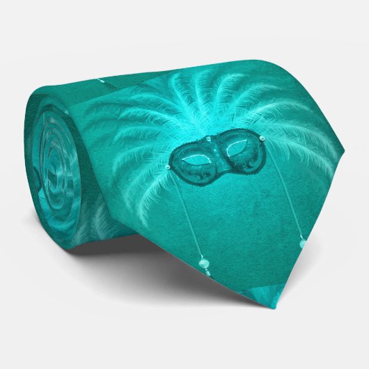 Turquoise Mardi Gras Feather Gezichtsmasker NeckTi Stropdas (Opgerold)