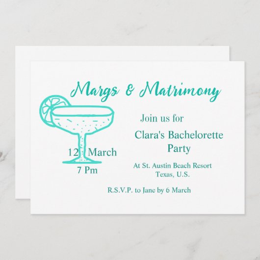 Turquoise Margs & Matrimony Tequilaglas vrijgezel Kaart (Voorkant / Achterkant)