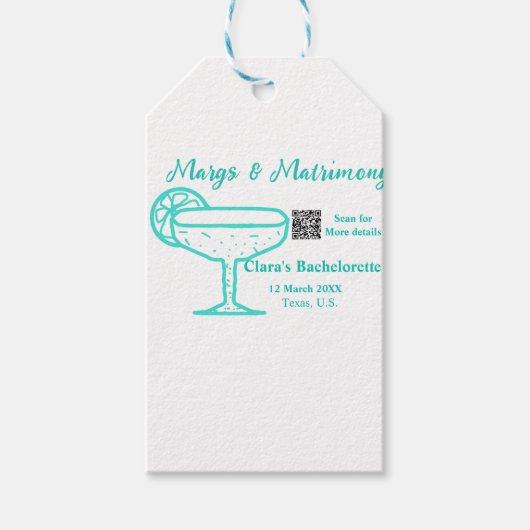 Turquoise Margs & Matrimony vrijgezellenfeest Cadeaulabel (Voorkant)