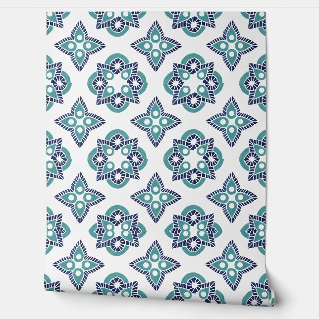 Turquoise Marine & Wit Behang (Afrollen)