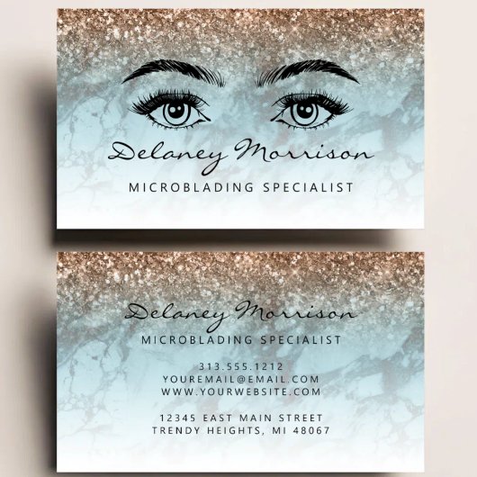 Turquoise Marmer Brons Glitter Ogen Microblading Visitekaartje