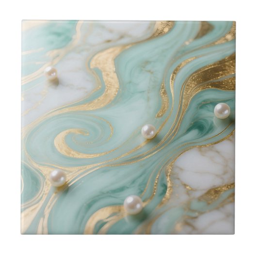 Turquoise Marmer Parel Goud Werveling Tegeltje (Voorkant)
