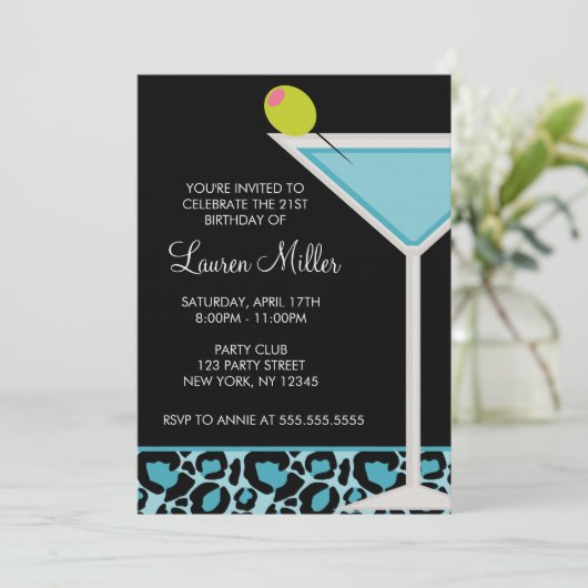 Turquoise Martini en Leopard Print Kaart (Staand voorkant)