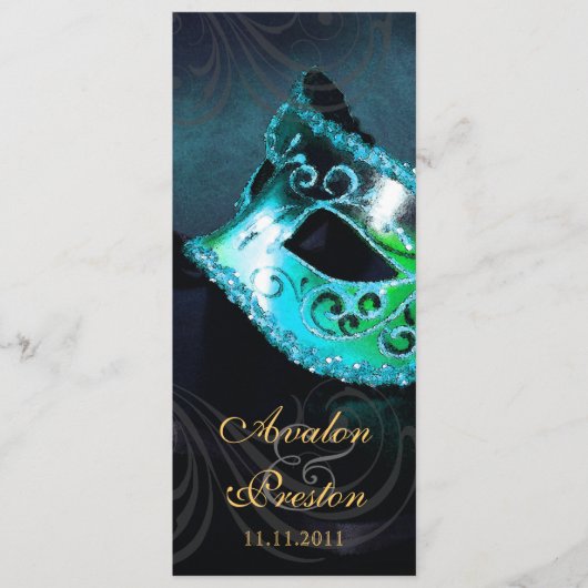 Turquoise Masquerade Huwelijksprogramma Uitnodigin Programmakaart (Voorkant)