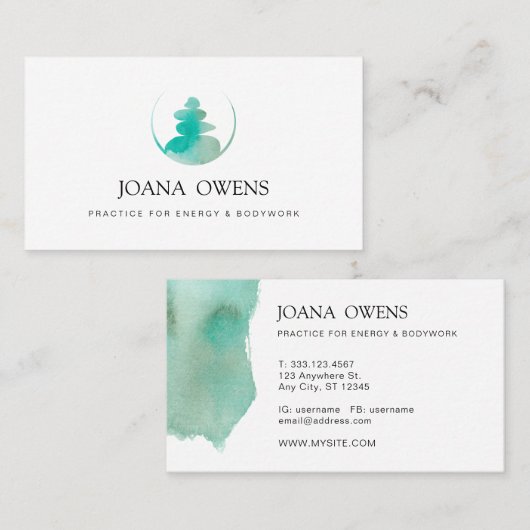 Turquoise massagetherapeut zen Waterverf Visitekaartje (Voorkant / Achterkant)